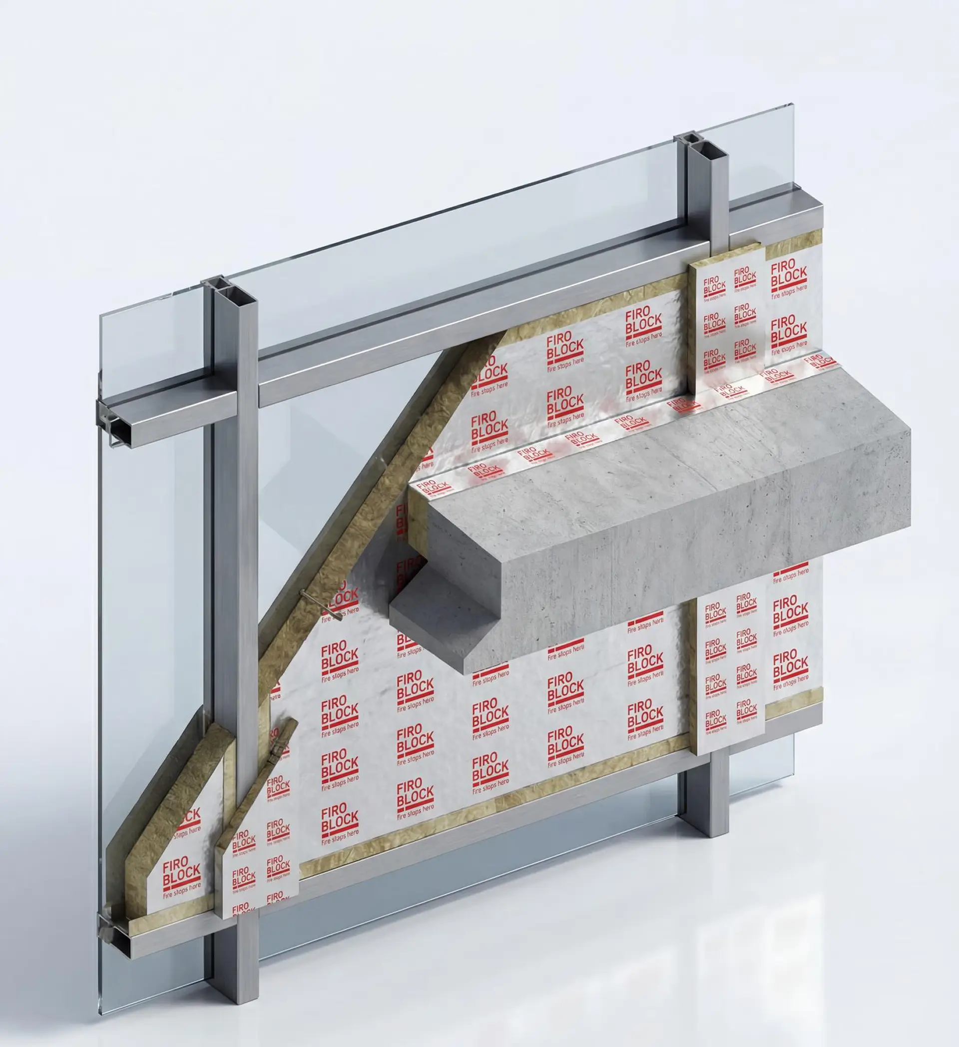 FIROBLOCK curtain-wall firestop assembly at a floor slab and facade junction