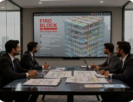 FIROBLOCK technical team reviewing façade fire-protection drawings