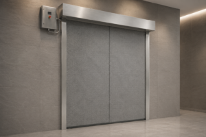 Fully deployed Fire Safety curtain system protecting a high-rise commercial opening