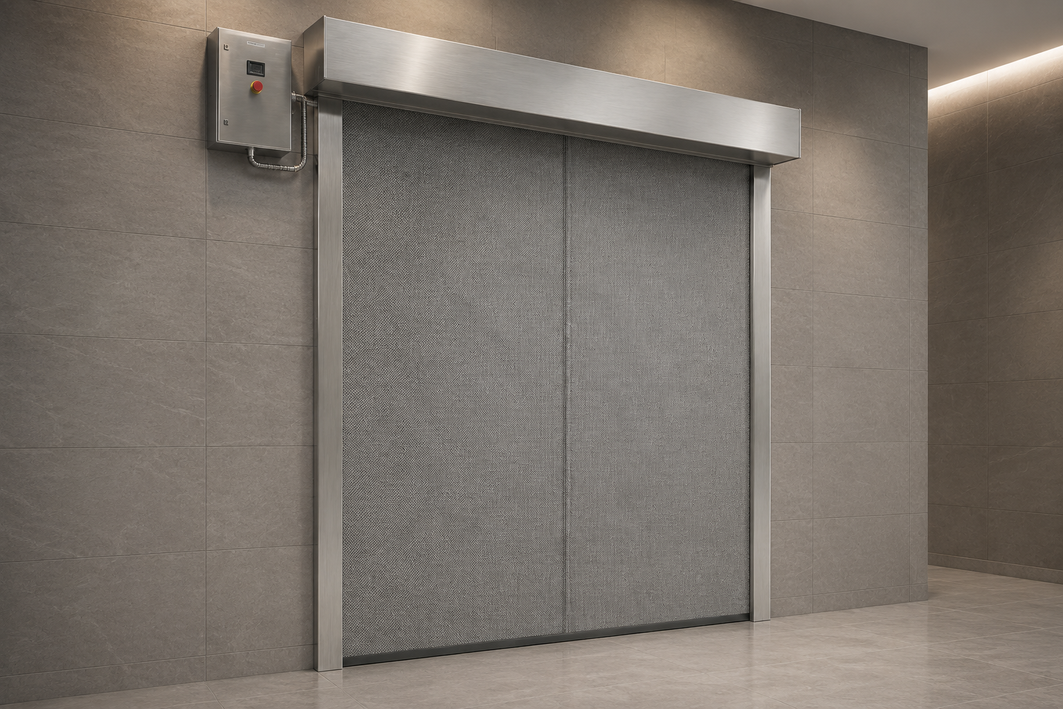 Fully deployed Fire Safety curtain system protecting a high-rise commercial opening