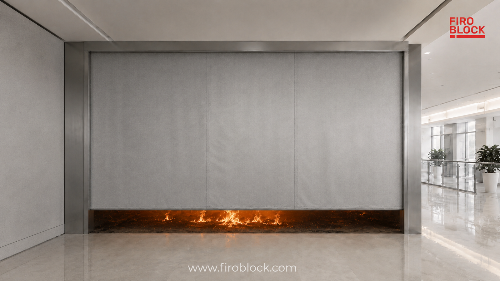 Automatic FIROBLOCK fire curtain deployed across a commercial building atrium