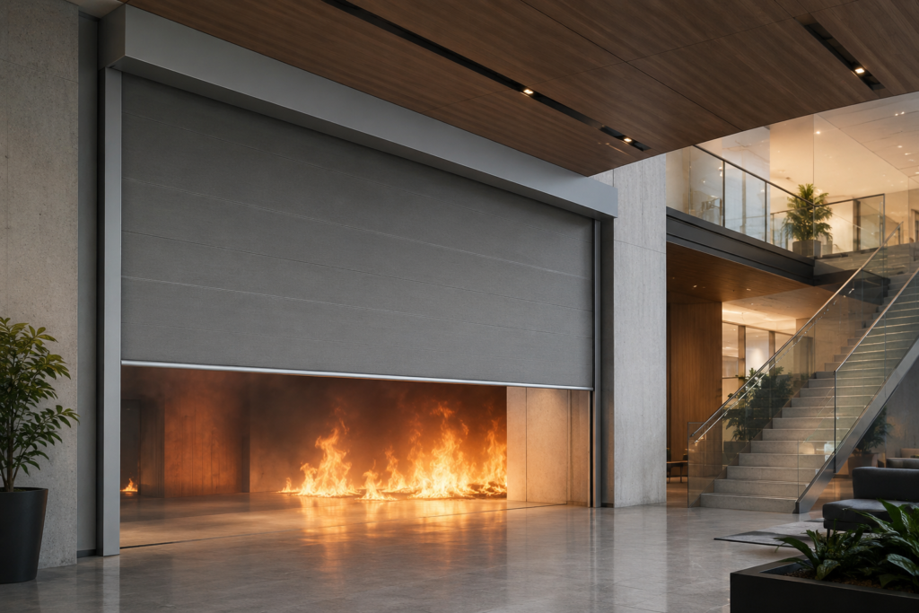 Deployed automatic fire curtain protecting a large commercial interior opening
