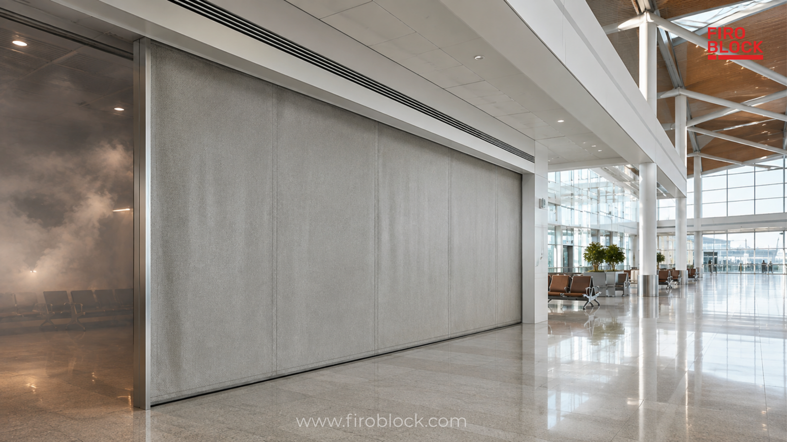 Automatic FIROBLOCK fire curtain protecting an opening in an airport terminal