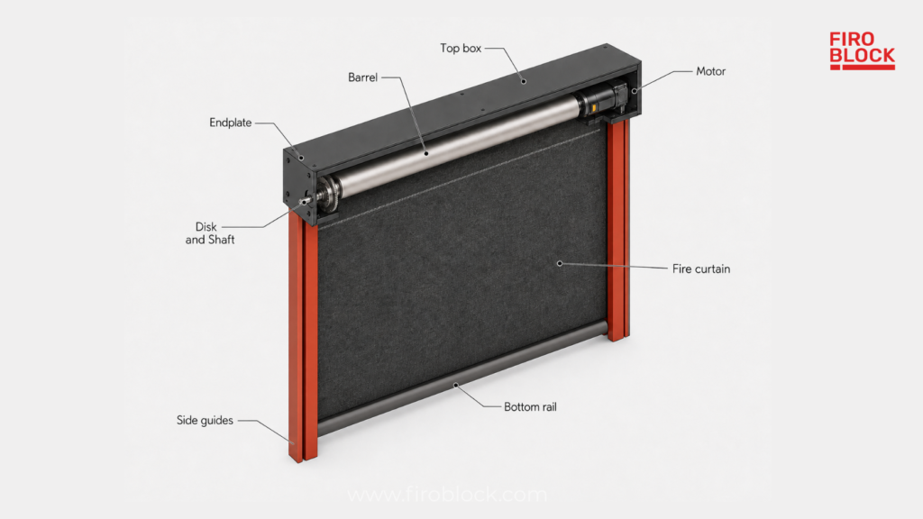 Firoblock fire curtain with labeled components, including top box, barrel, motor, fire curtain, side guides, and bottom rail