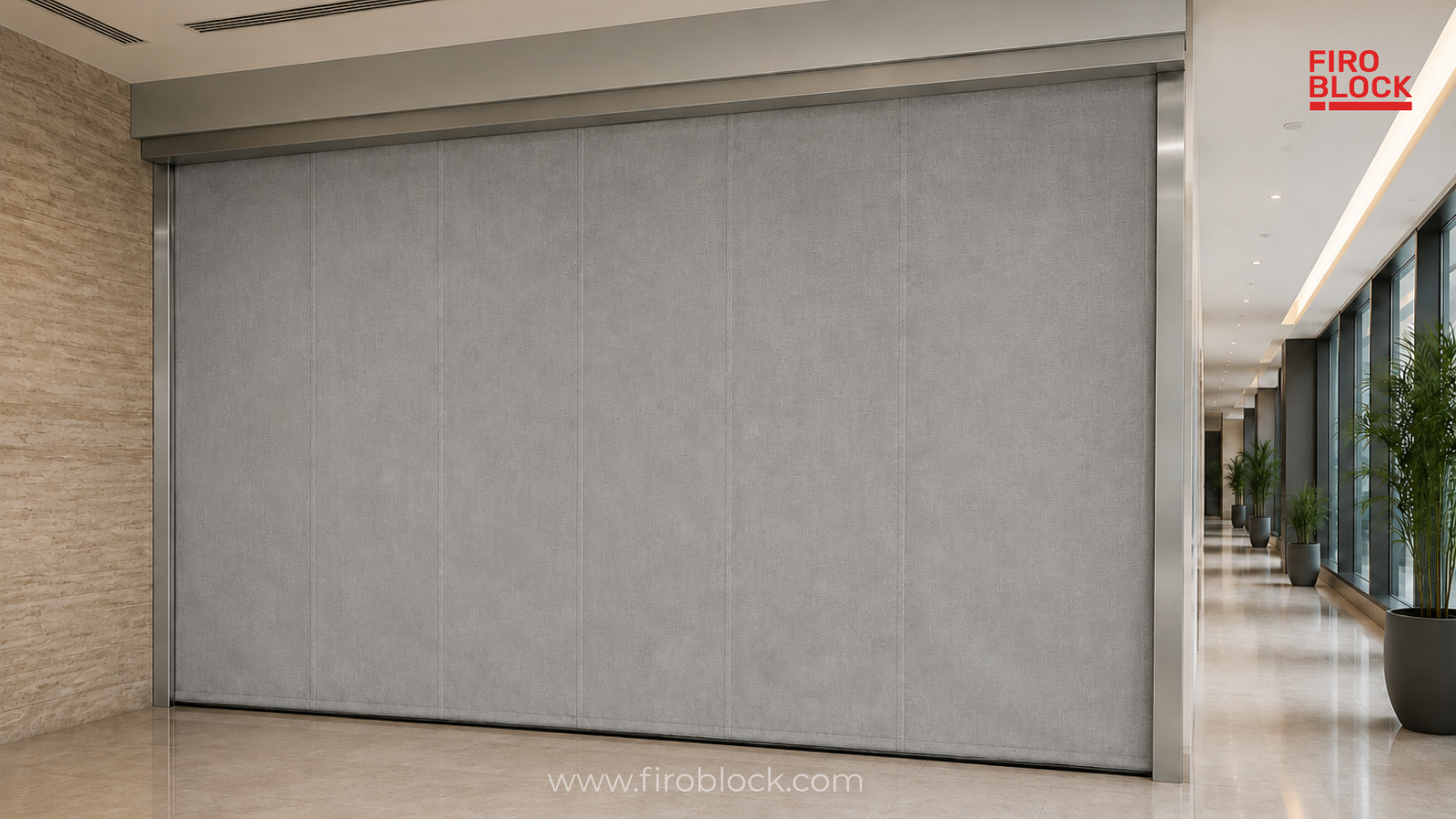 Fire curtain deployed in a commercial lift lobby