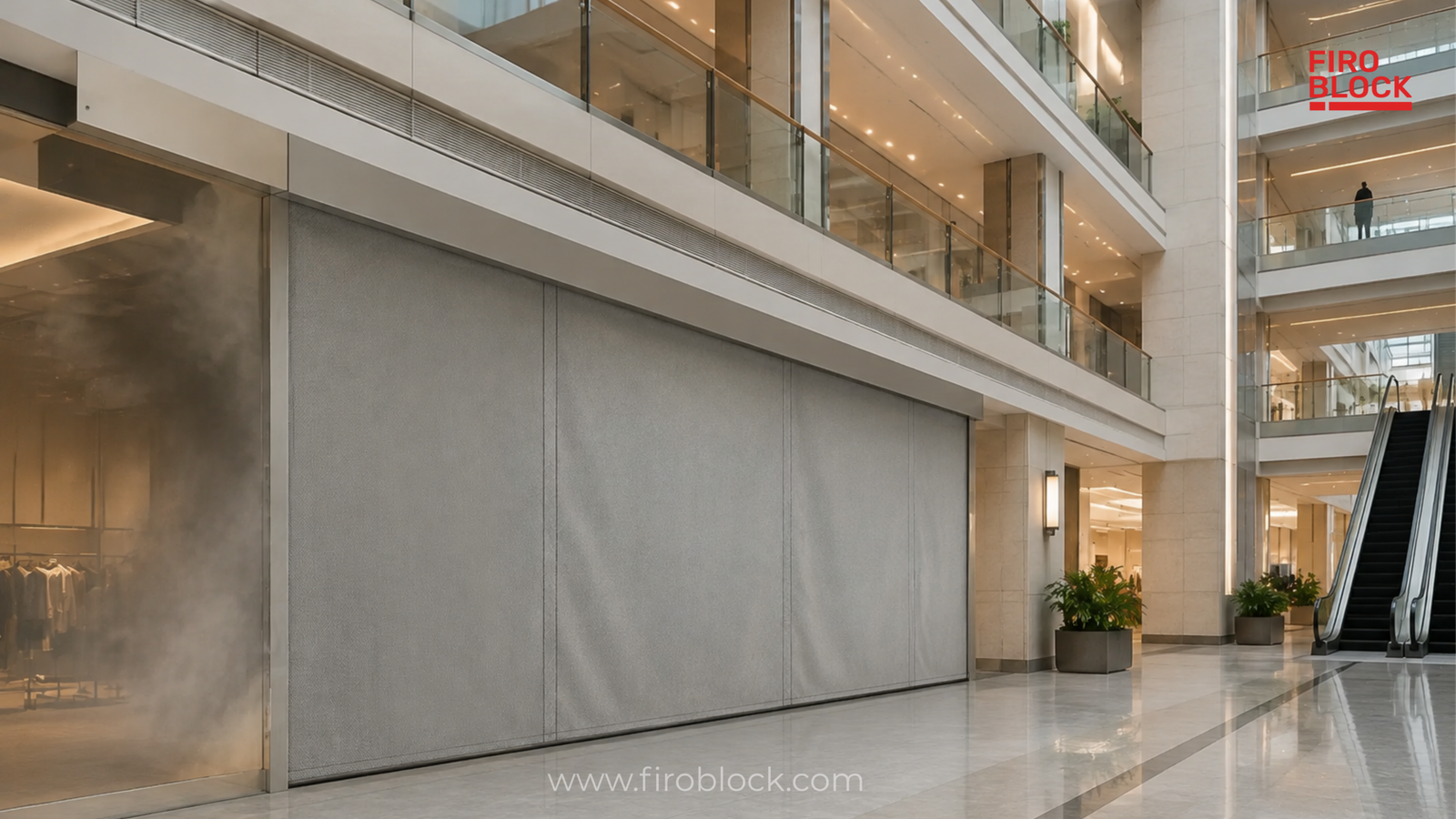 Automatic fire curtain protecting a large opening in a multi-level shopping mall atrium