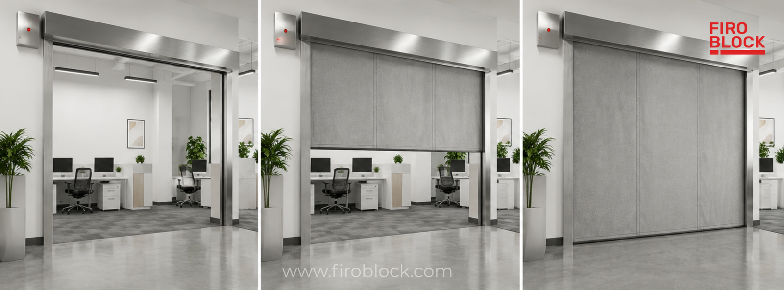 Automatic fire curtain system with headbox, fabric, side guides and bottom bar