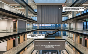 High-rise building atrium showing fire curtain application areas including atrium compartmentation, lift lobby isolation, and floor-to-floor separation