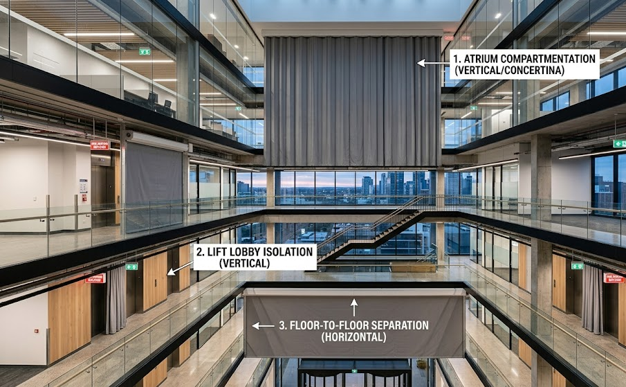 High-rise building atrium showing fire curtain application areas including atrium compartmentation, lift lobby isolation, and floor-to-floor separation