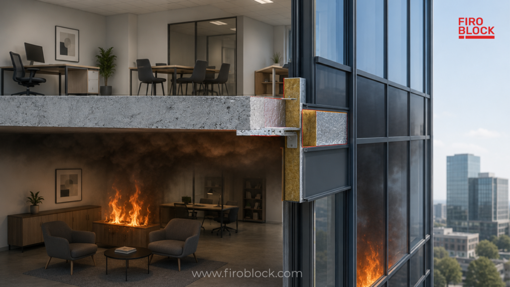 Firoblock fire protection curtain wall system with passive fire protection insulation in a commercial building