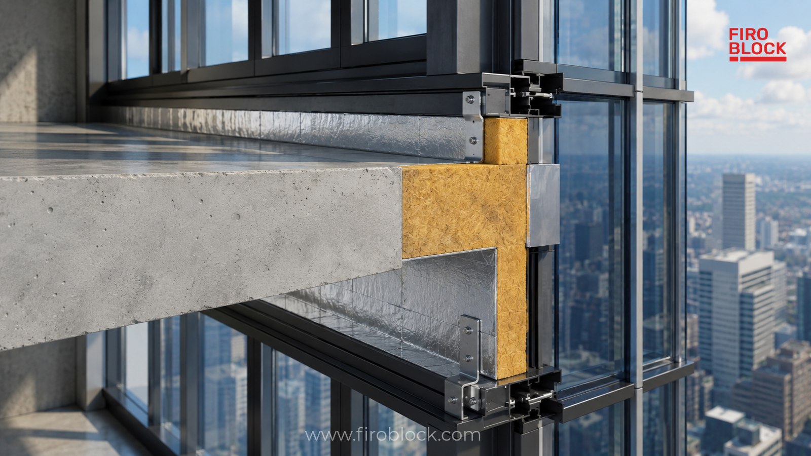 Curtain wall facade showing passive fire protection at the floor slab edge
