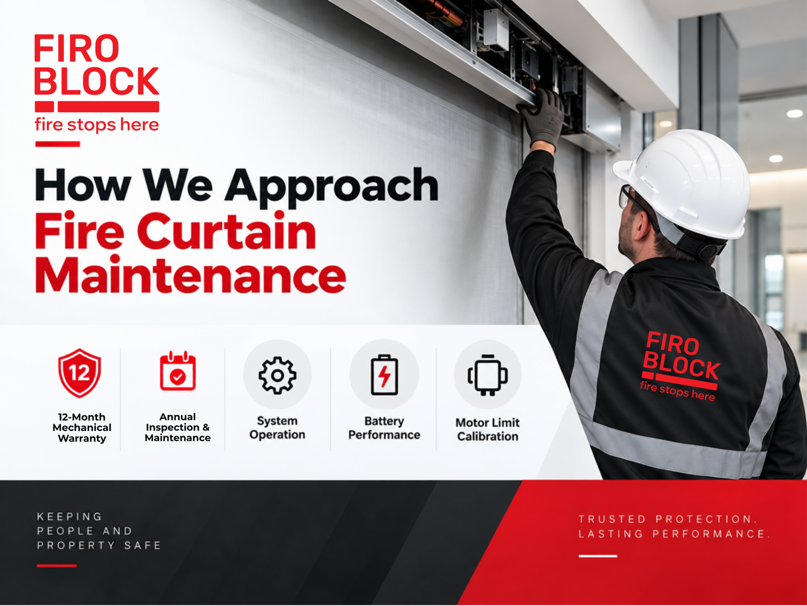 FIROBLOCK technician inspecting an automatic fire curtain system during annual maintenance, including system operation, battery performance and motor limit calibration.