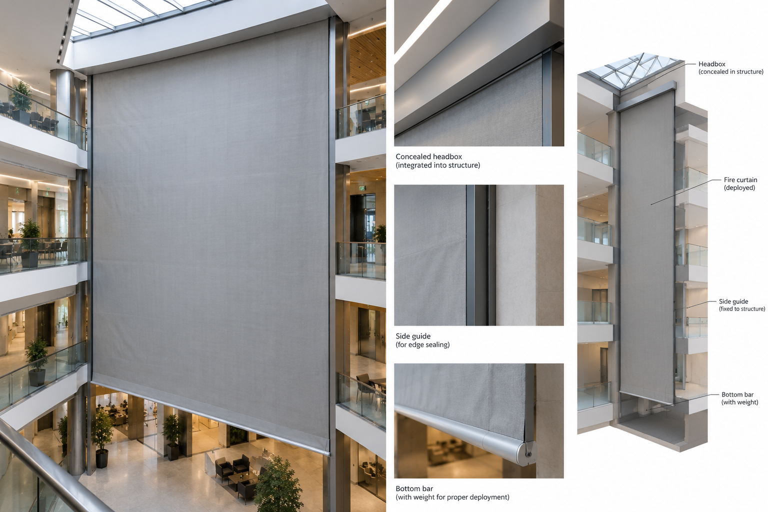 FIROBLOCK fire curtain design for atriums and large open voids