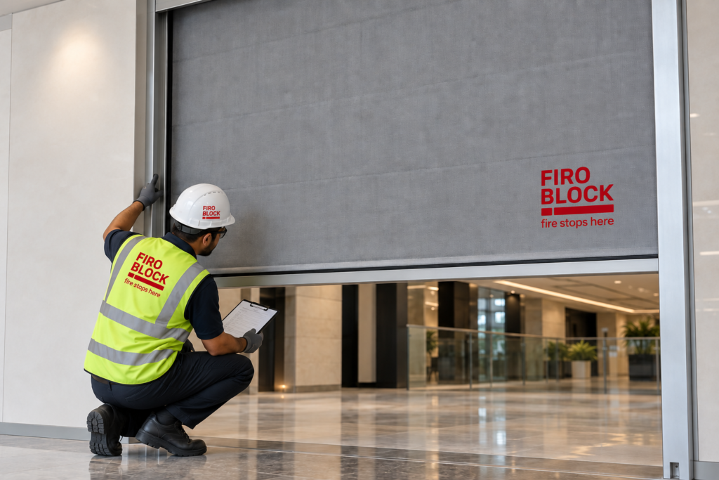 Technician inspecting a FIROBLOCK automatic fire curtain during routine fire curtain maintenance in a commercial building.