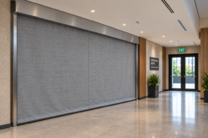 FIROBLOCK fire curtains supporting safe egress beside a clear evacuation route in a commercial building