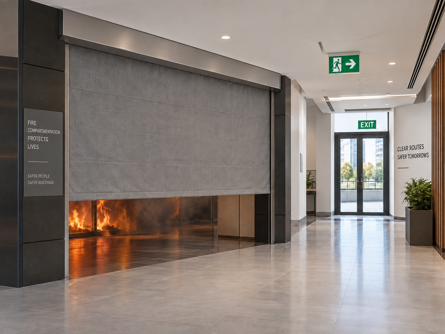 FIROBLOCK Fire Curtain Deployment and Clear Evacuation Routes FIROBLOCK fire curtain deployment supporting fire compartmentation while keeping the evacuation route clear