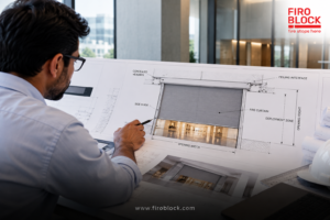 Architects, engineers and fire safety consultants reviewing fire curtain installation drawings and building plans during a design coordination meeting.