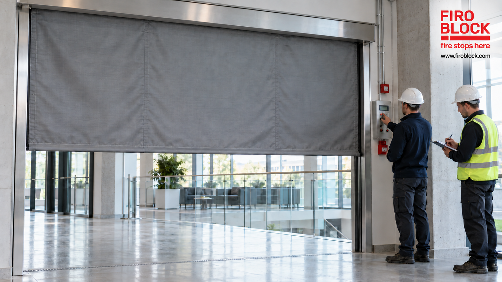 FIROBLOCK technicians test a partially lowered fire curtain and record commissioning results in a modern commercial building