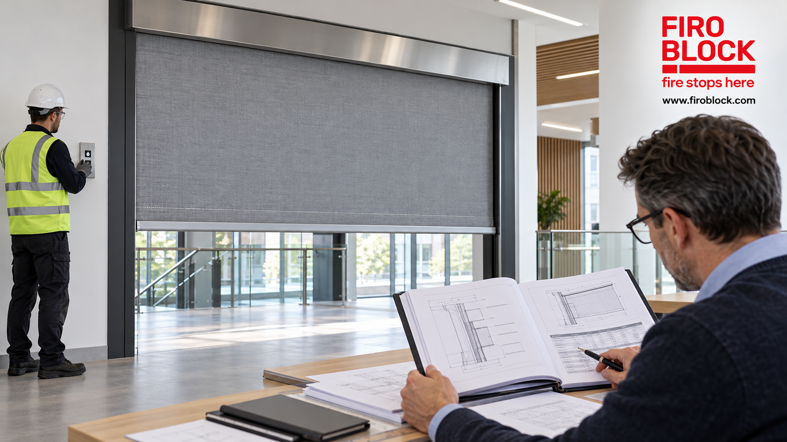 FIROBLOCK engineer reviews fire curtain drawings and test documents while a technician checks the curtain's movement on site