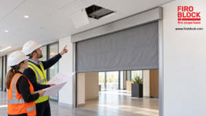 FIROBLOCK team checks the fire curtain headbox and nearby services through a ceiling access panel in a finished corridor.