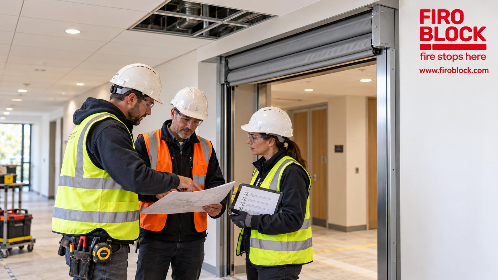 FIROBLOCK site team reviews drawings and an area readiness checklist beside a fire curtain opening before ceiling work is completed